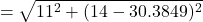 \[= \sqrt{11^{2} + (14- 30.3849)^{2}} \]